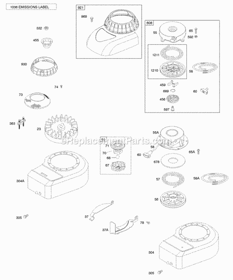 Blower HousingShrouds Flywheel Rewind Starter Diagram and Parts List for 09D902-2001-E1  Briggs and Stratton Engine